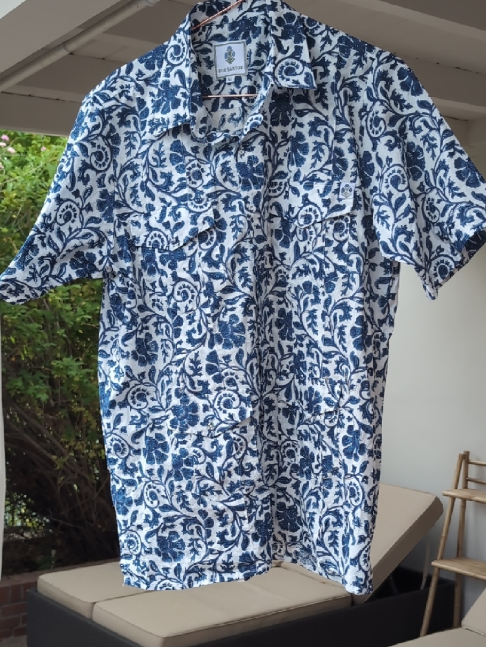Sue Sartor Blue & White Floral Button-Up Shirt 100% Cotton